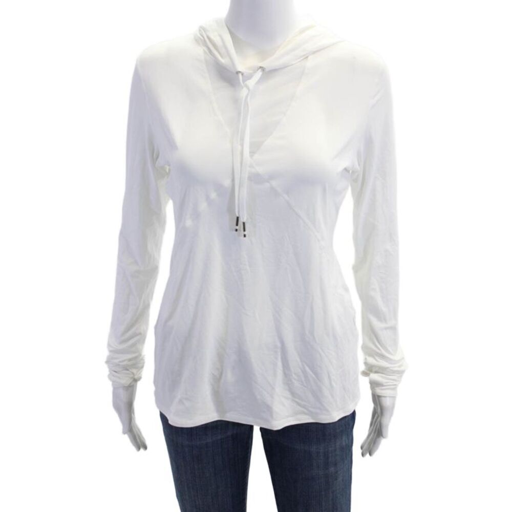 ALALA Women Pullover Hoodie White V-Neck Long Sleeve Drawstring Size XS